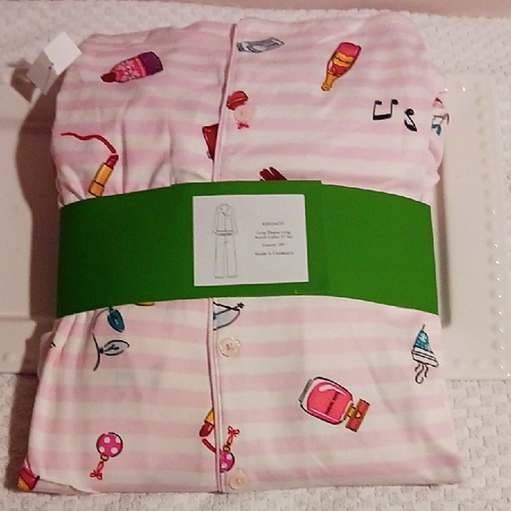 Kate Spade Light Pink Stripe Festive Pajama Set XL ⛸️🎵👛💄🥂🍾🍸 - Picture 3 of 13